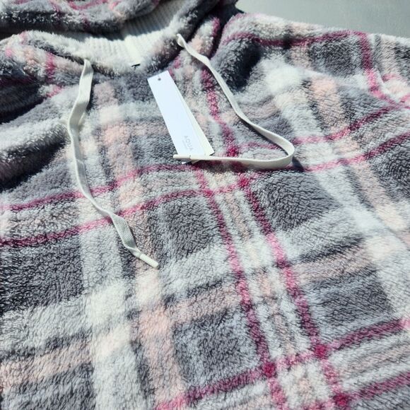 Aqua Women Plaid Grey/Pink Fleece Hoodie & Thermal Pants Lounge Set Size S - Picture 3 of 8